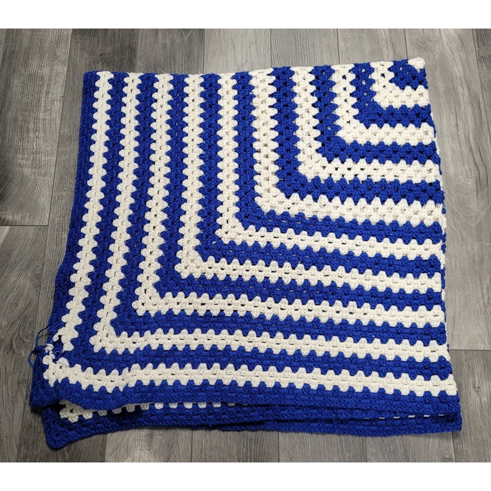 Handmade Crocheted Blanket Throw Granny Square Pattern Blue White Approx 60 x 58